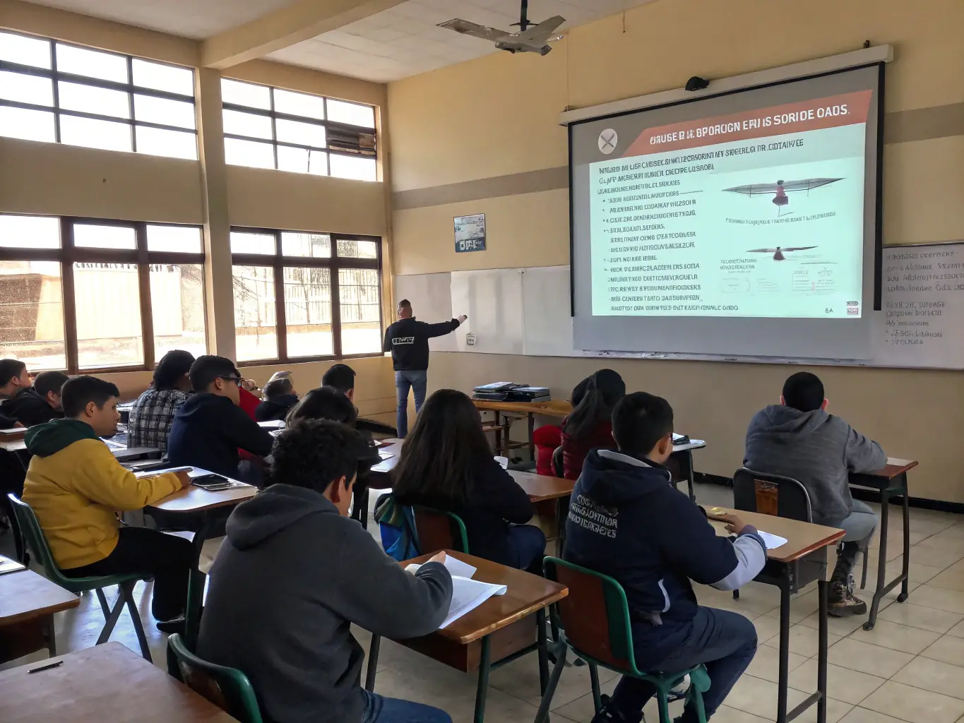 A photograph of a group of students participating in a ground school session, learning about the principles of flight and glider mechanics, inside a classroom at the VVP facility.