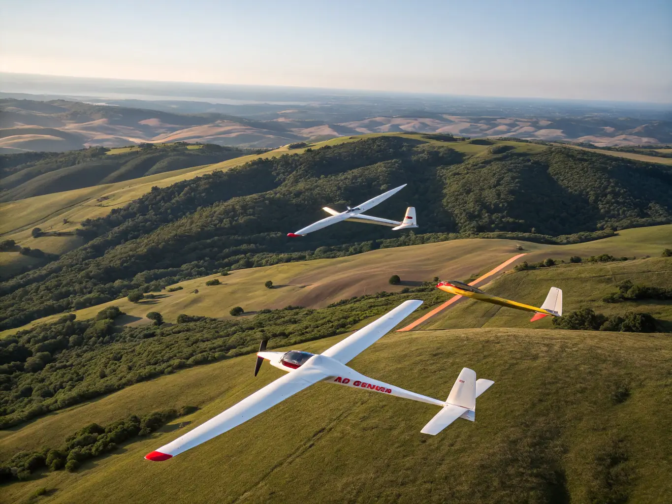 A high-definition image capturing a glider being towed into the air against a backdrop of rolling hills and a clear blue sky at the Puimoisson aerodrome, symbolizing the beginning of a gliding adventure.